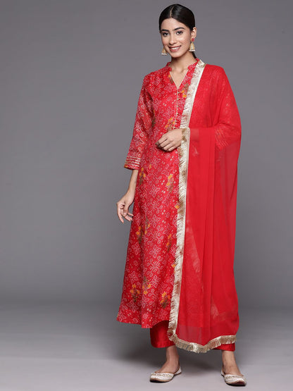 Dhiyona VA Women'sRed Bandhani printed A line Kurta with Trouser and Dupatta