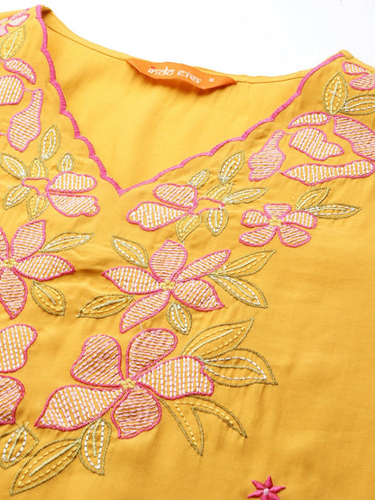 Floral Embroidered Thread Work Kurta with Trousers & With Dupatta