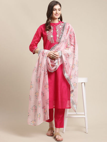 Dhiyona VA Women's Magenta Floral Chanderi Silk Kurta with Trousers & With Dupatta