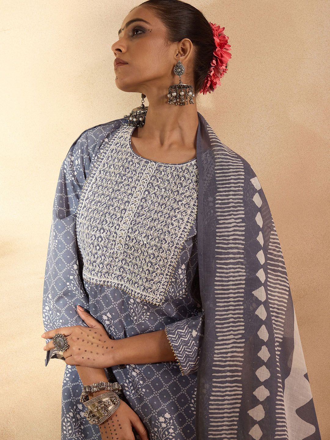 Dhiyona IE Floral Printed Pure Cotton Straight Kurta with Trousers & Dupatta
