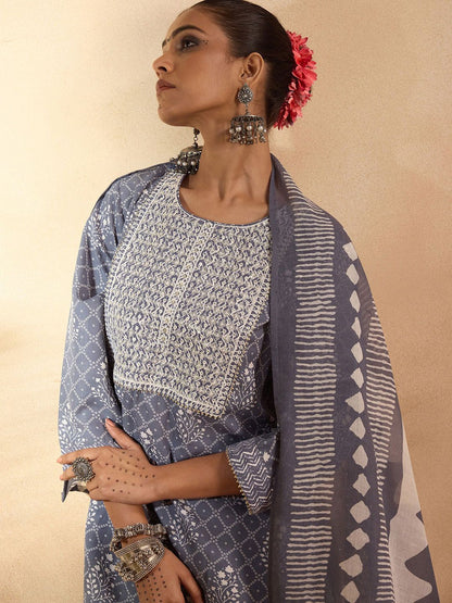 Dhiyona IE Floral Printed Pure Cotton Straight Kurta with Trousers & Dupatta