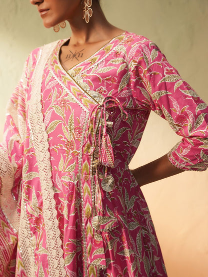 Dhiyona IS Women's Floral Printed V-Neck Angrakha Pure Cotton Anarkali Kurta With Trousers & Dupatta