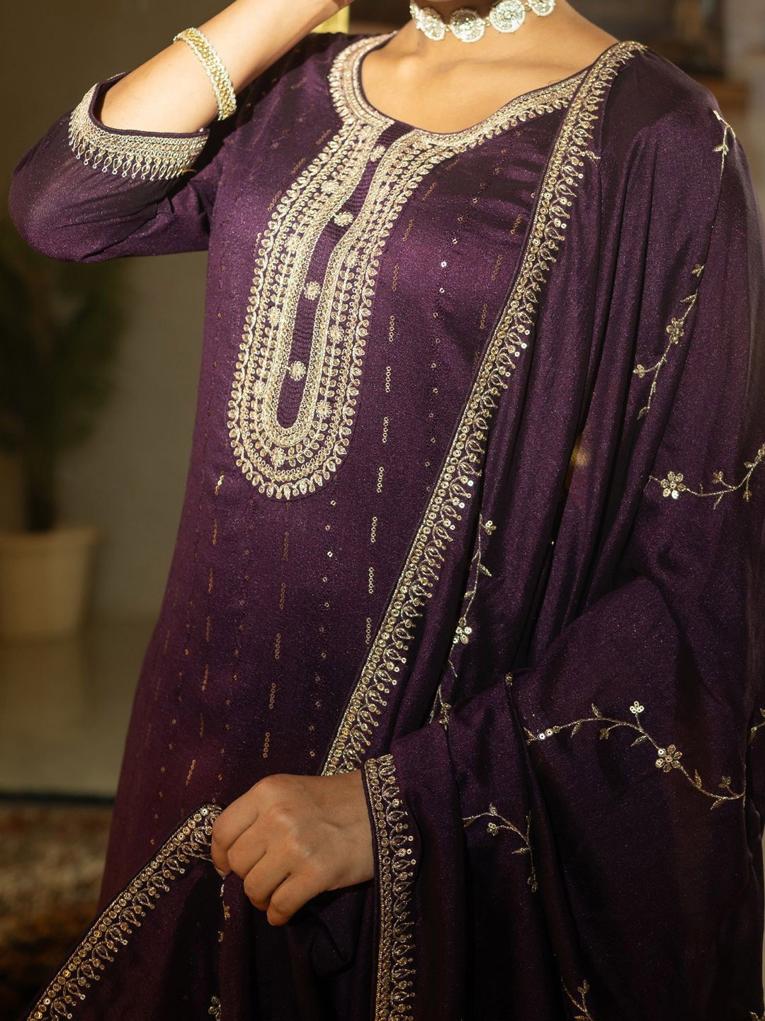 Sequinned Embroidered Round Neck Kurta With Trousers & Dupatta