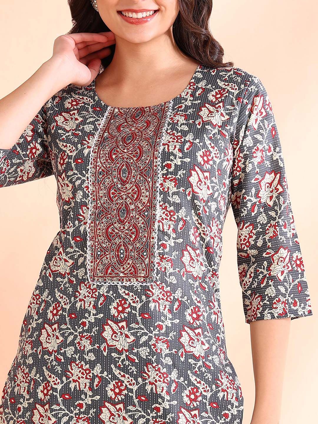 Dhiyona OD  Thread Work Pure Cotton Straight Kurta with Trousers & Dupatta