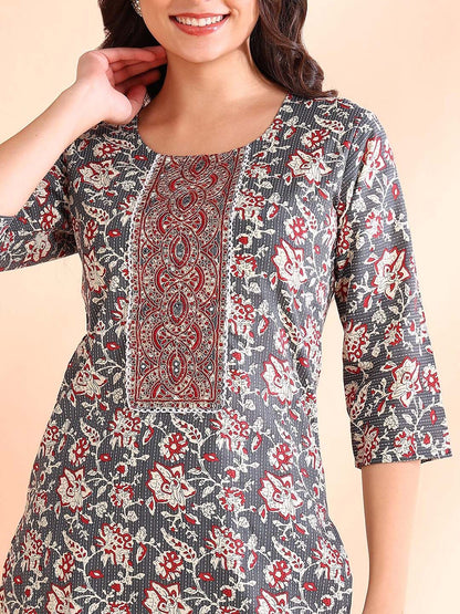 Dhiyona OD  Thread Work Pure Cotton Straight Kurta with Trousers & Dupatta