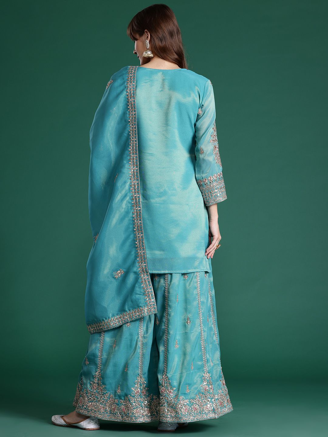 Ethnic Motifs Embroidered Sequinned Kurta with Palazzos & With Dupatta