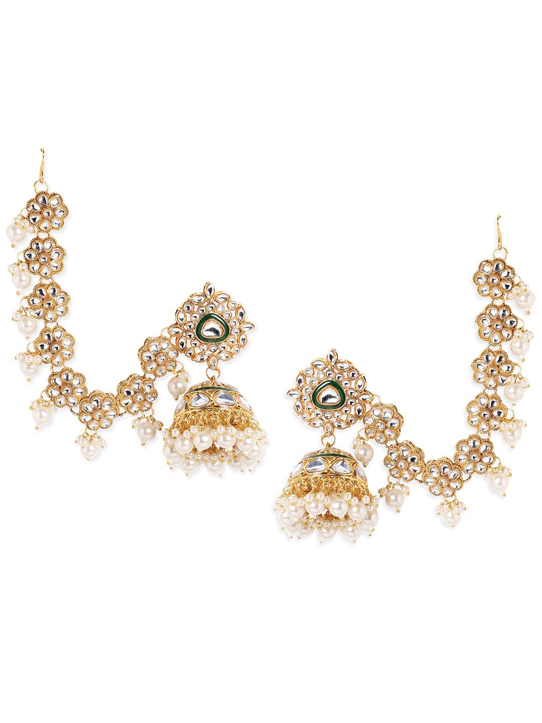 Dhiyona RJ Women's 22K Gold Plated Kundan Crystal Kan Chain Earrings with Pearls & Green Enamel Detail