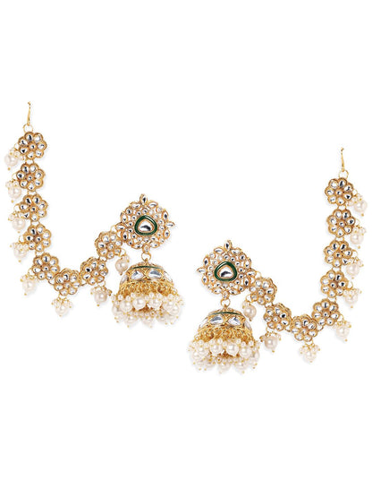 Dhiyona RJ Women's 22K Gold Plated Kundan Crystal Kan Chain Earrings with Pearls & Green Enamel Detail