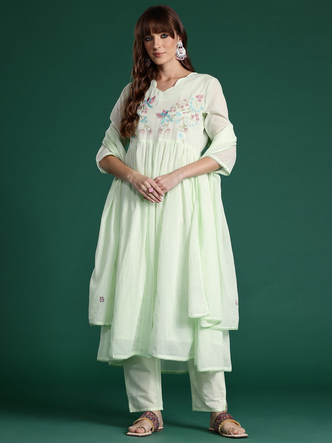 Dhiyona IE Floral Embroidered Pleated Thread Work Pure Cotton Kurta with Trousers & Dupatta