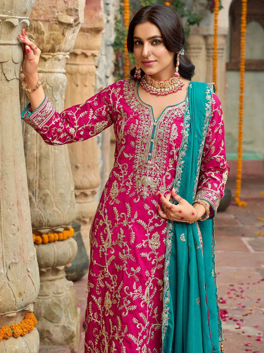 Zari Ethnic Motifs Embroidered Notch Neck Straight Kurta With Trousers & Dupatta