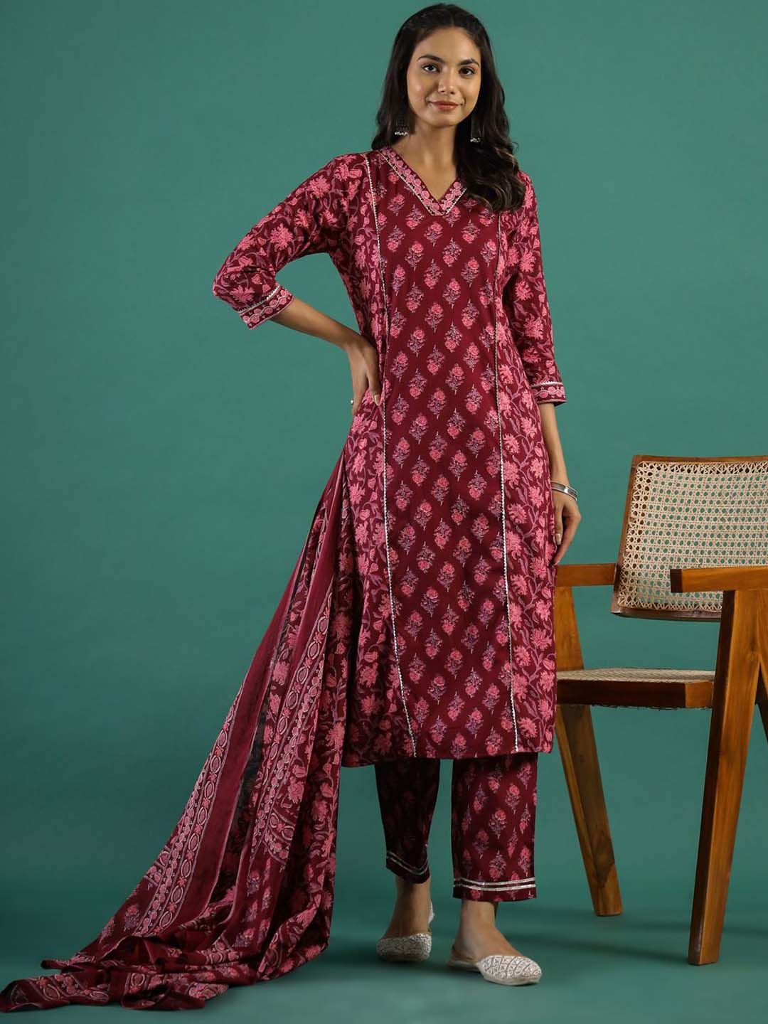 Dhiyona SN Women's Printed Pure Cotton Straight Kurta With Trouser & Dupatta Set