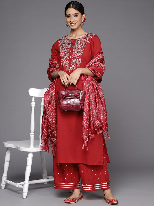 Dhiyona VA Women's Rust Ethnic Motifs Yoke Design Kurta with Palazzos & With Dupatta