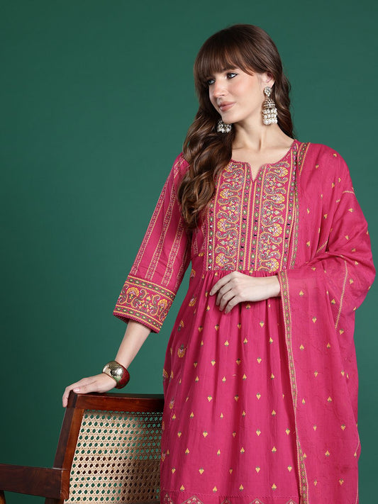 Dhiyona IE Floral Printed Panelled Mirror Work Pure Cotton Kurta Set