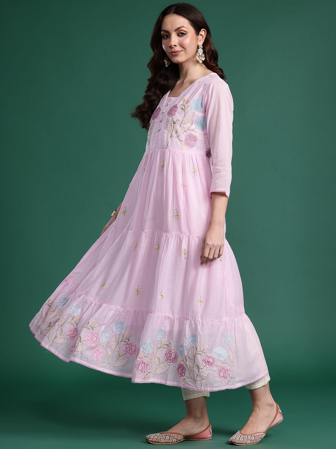 Dhiyona IE Women Floral Embroidered Thread Work Pure Cotton Anarkali Kurta