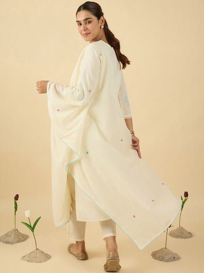 Women Ethnic Motifs Embroidered Thread Work Pure Cotton Kurta Trousers & Dupatta