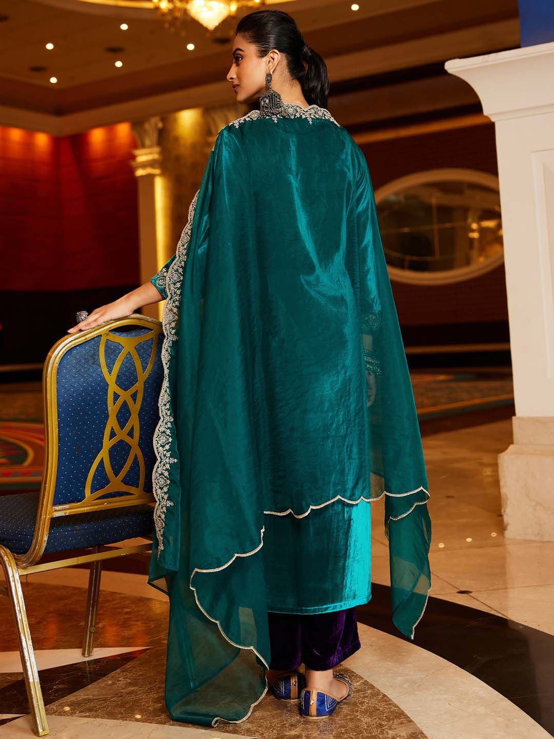 Women Ethnic Motifs Embroidered Regular Sequinned Velvet Kurta with Trousers & With Dupatta