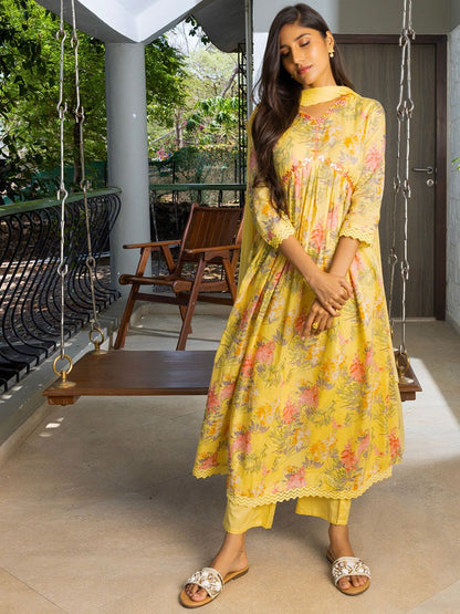 Dhiyona SN Women's Alia Cut Floral Printed Mirror Work Pure Cotton A Line Kurta With Trousers & Dupatta