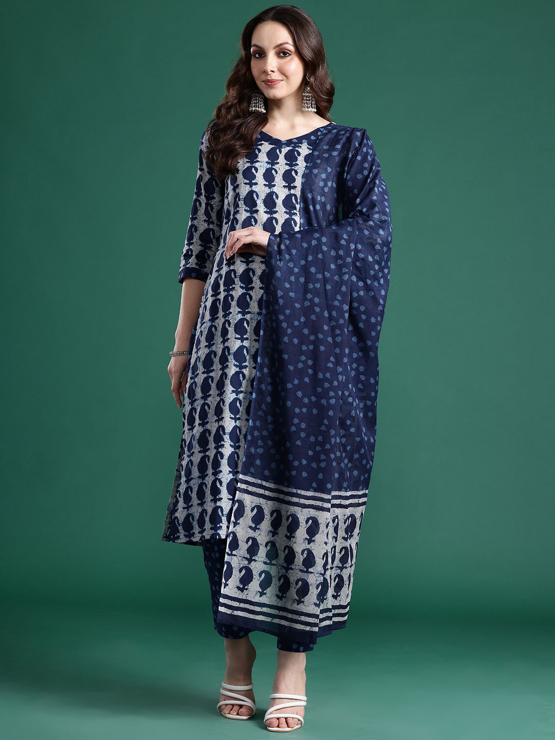 Paisley Printed Pure Cotton Kurta With Trousers & Dupatta