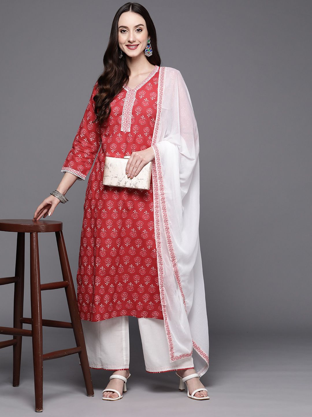 Women Red Floral Printed Kurta with Palazzos & Dupatta
