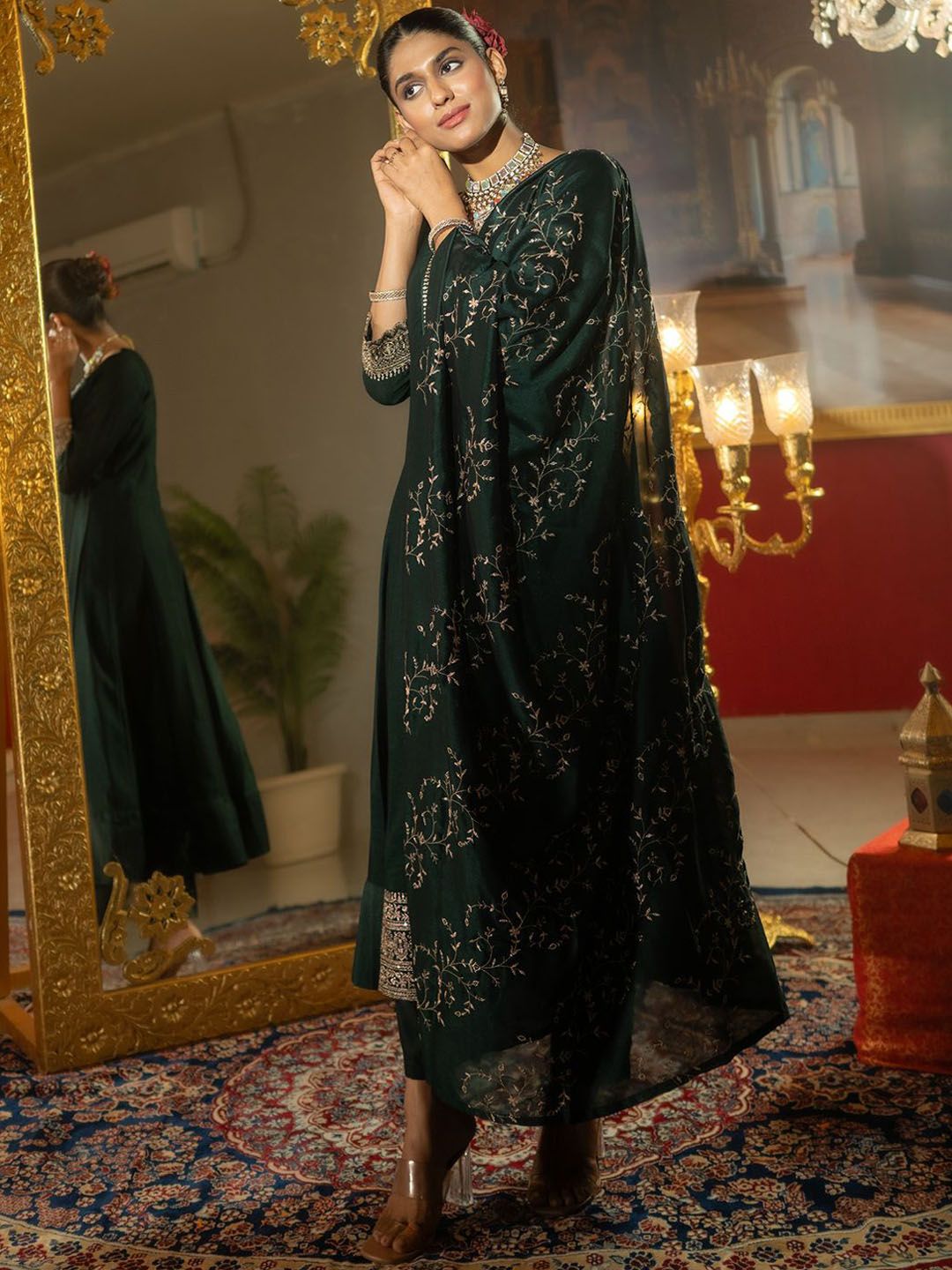 Ethnic Motifs Embroidered Regular Anarkali Kurta With Trousers & Dupatta