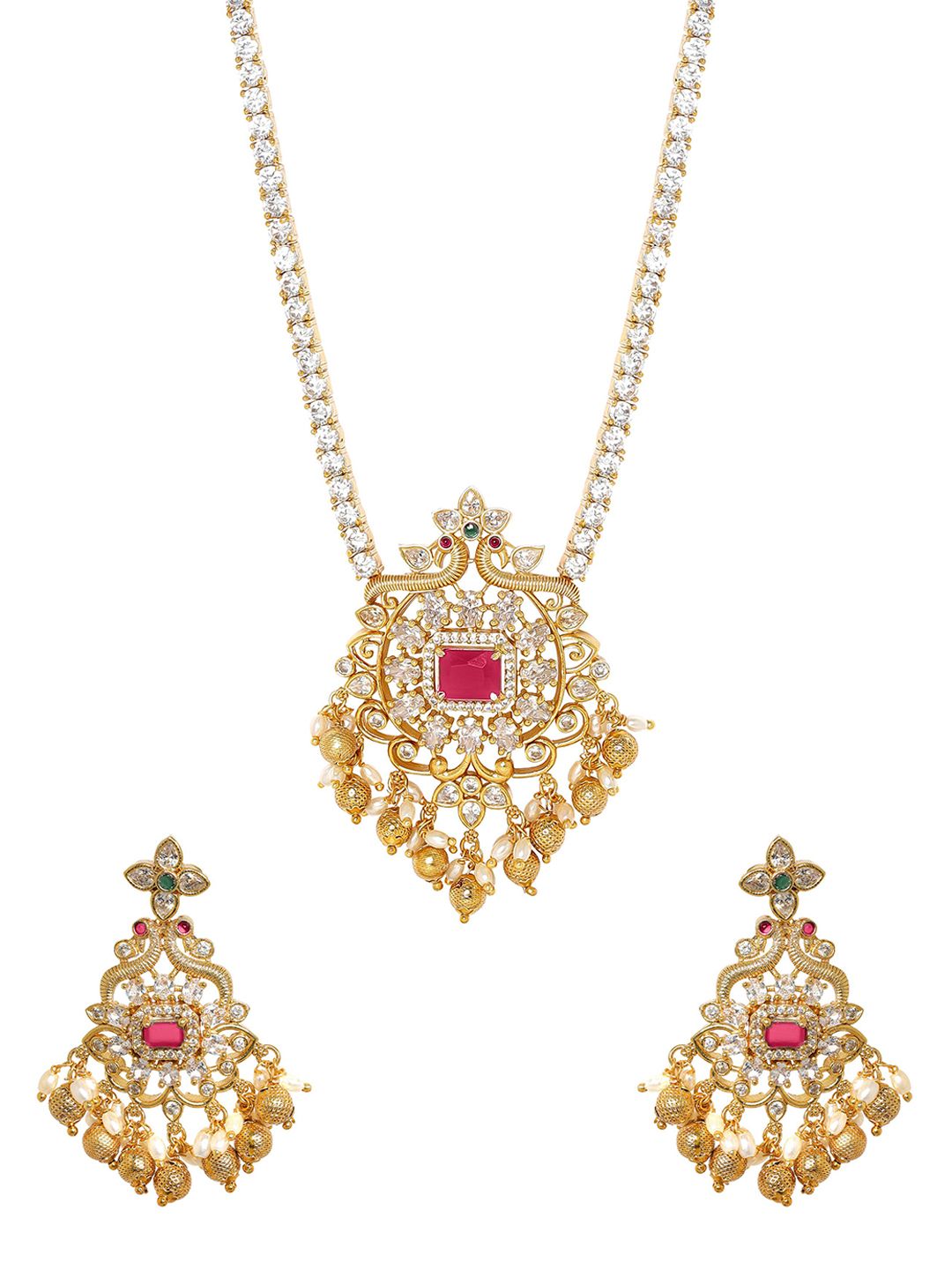 Dhiyona RJ Women's 22K Gold Plated Ruby & Cubic Zirconia Studded Jewellery Set with Gold & Pearl Beads
