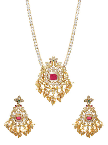Dhiyona RJ Women's 22K Gold Plated Ruby & Cubic Zirconia Studded Jewellery Set with Gold & Pearl Beads