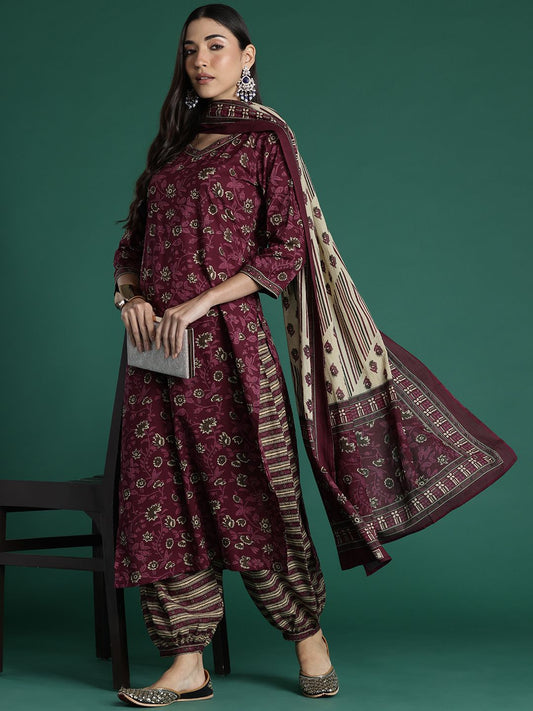 Dhiyona IE Women Floral Printed Regular Pure Cotton Kurta with Salwar & With Dupatta