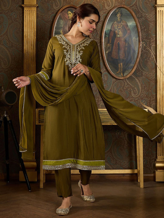 Dhiyona IE Floral Embroidered Thread Work V Neck Kurta With Trousers & Dupatta