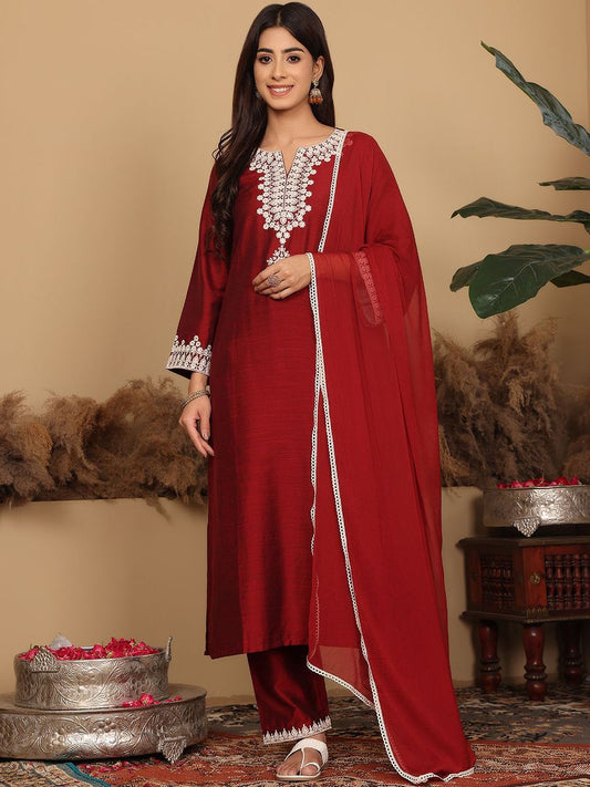 Dhiyona VA Women's Floral Embroidered Regular Kurta with Trousers & Dupatta