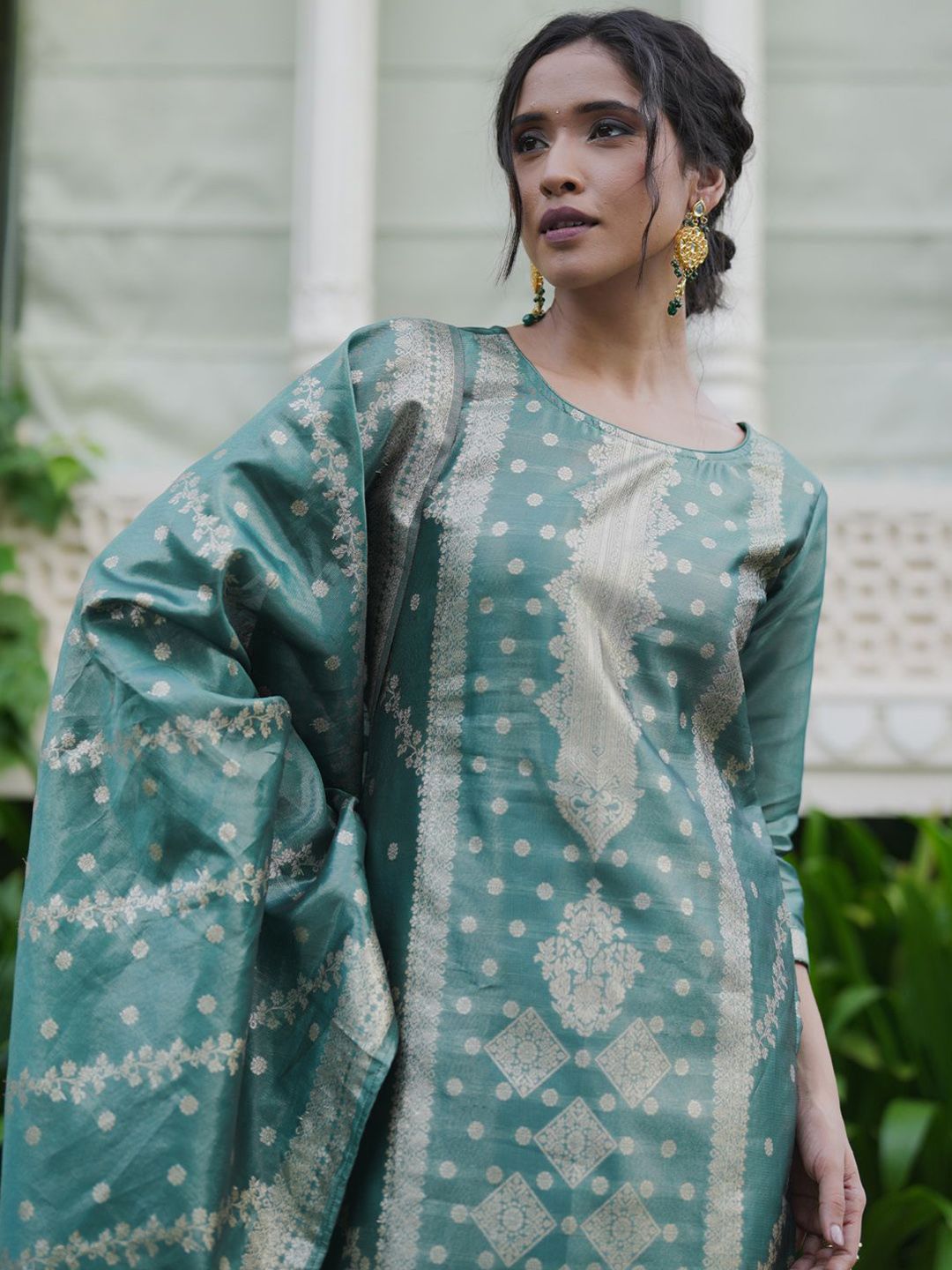 Dhiyona IE Woven Design Pure Silk Kurta with Trousers & Dupatta