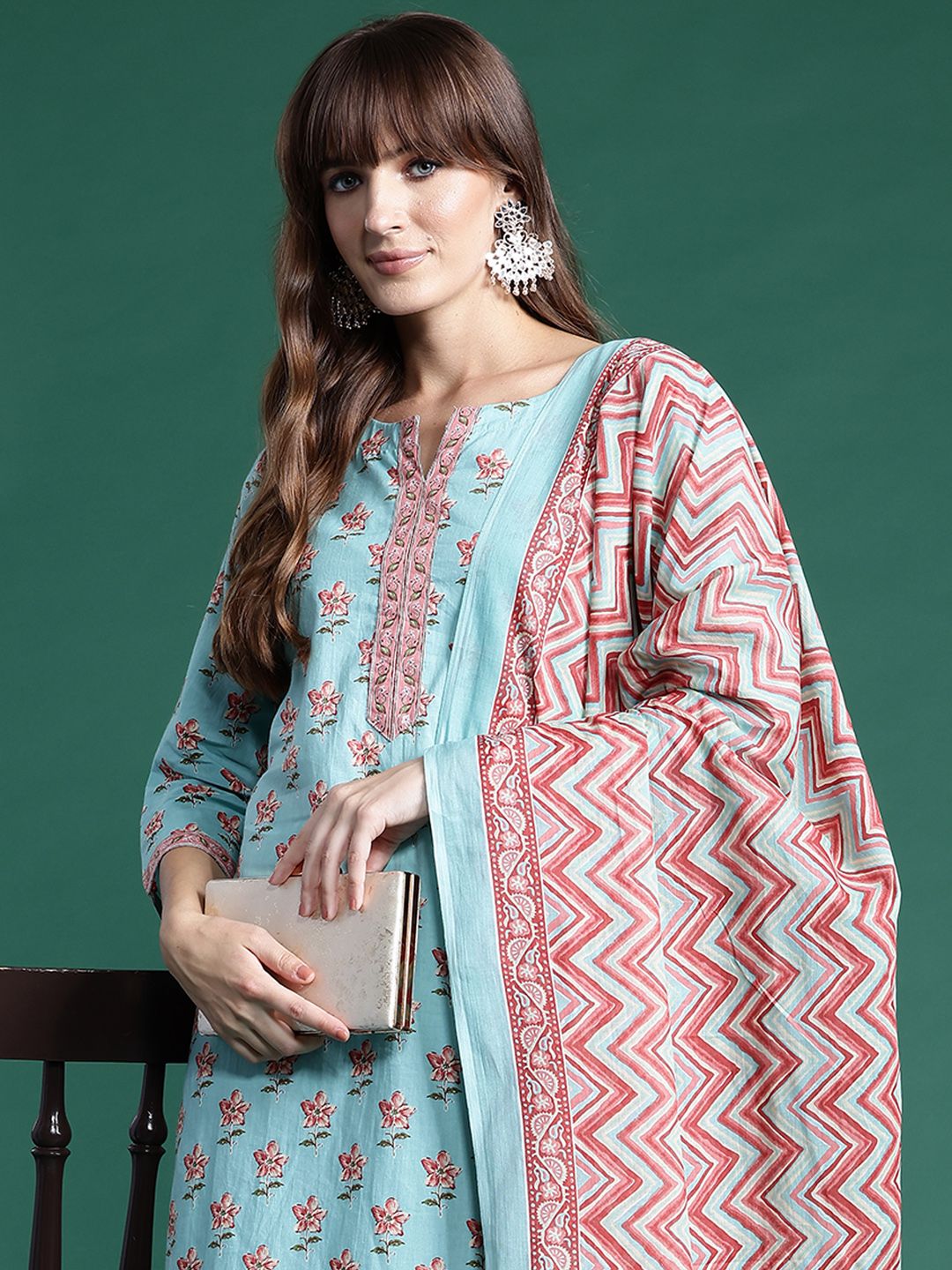 Dhiyona IE Floral Printed Pure Cotton Kurta With Trousers & Dupatta