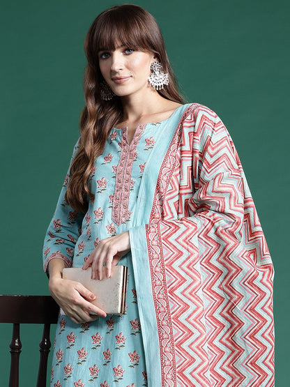Dhiyona IE Floral Printed Pure Cotton Kurta With Trousers & Dupatta