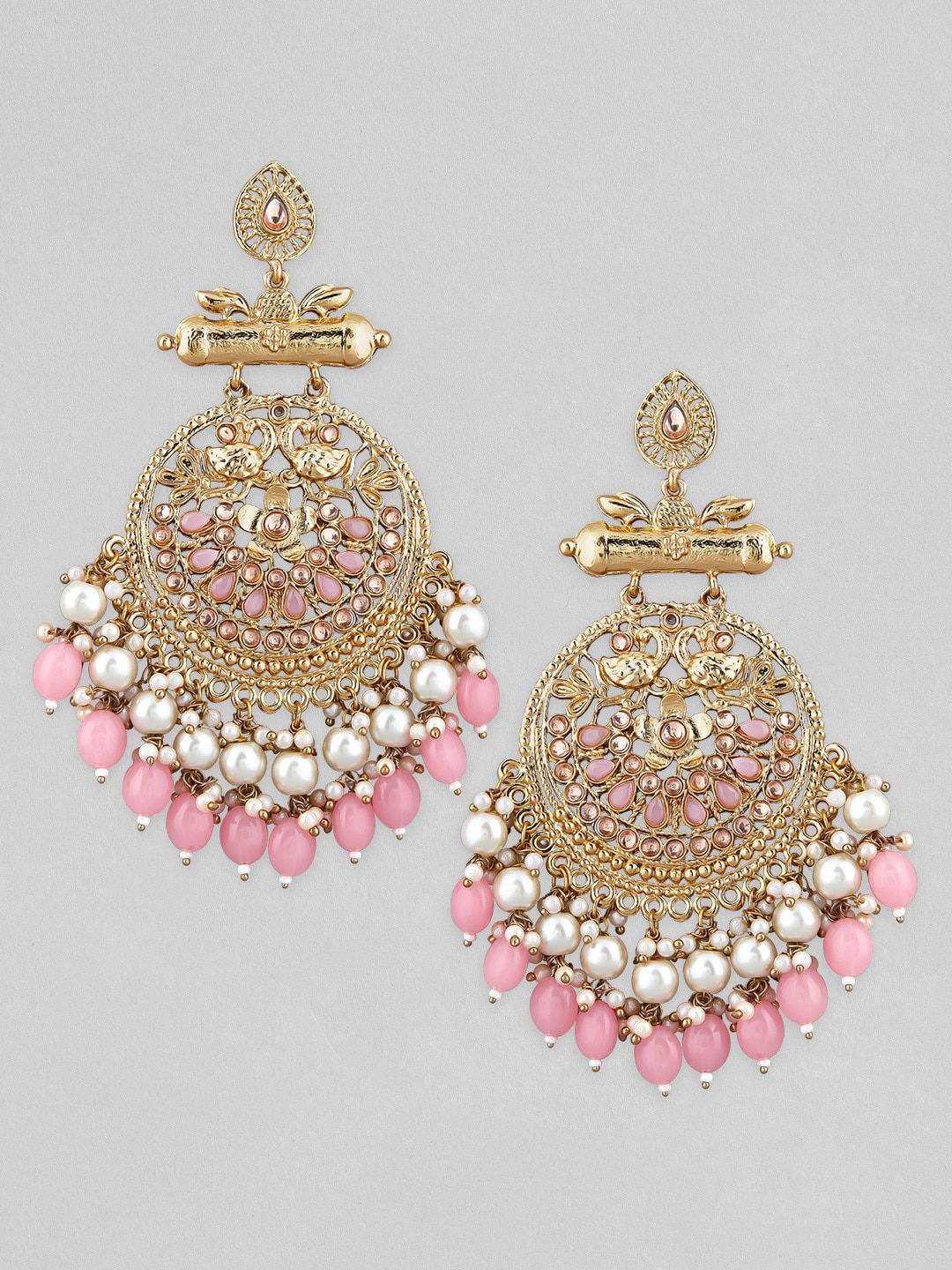 Dhiyona RJ Women's 18K Antique Gold-Plated Big Chandbali Earrings with Pearl & Pink Bead Accents