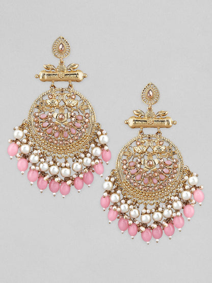 Dhiyona RJ Women's 18K Antique Gold-Plated Big Chandbali Earrings with Pearl & Pink Bead Accents