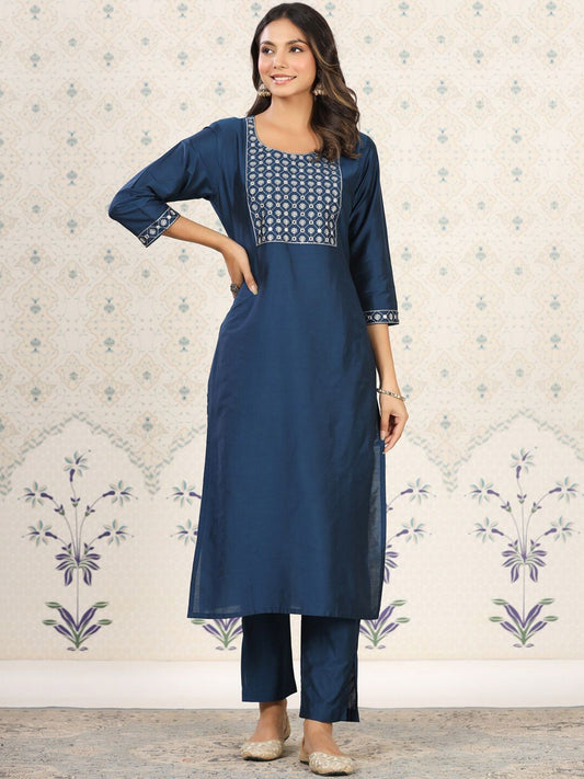Dhiyona OD  Floral Embroidered Yoke Mirror Work Straight Kurta with Trousers