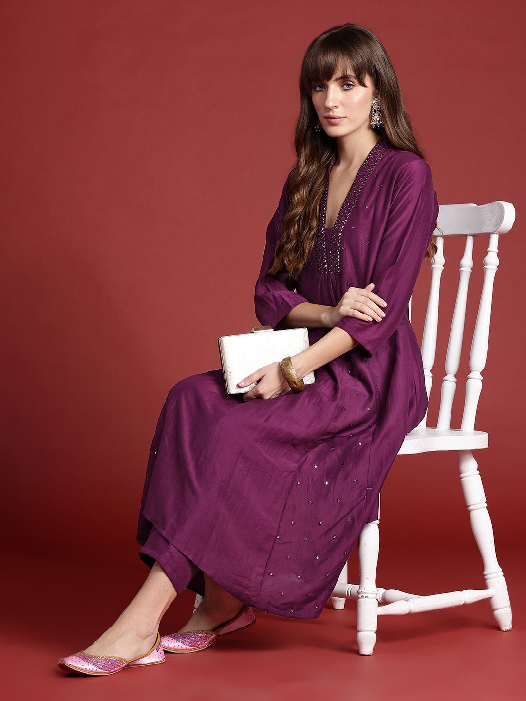 Dhiyona IE Embroidered Panelled Sequinned Kurta with Trousers