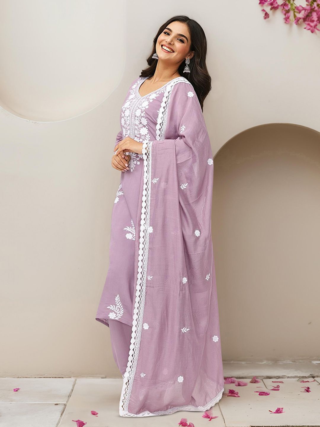 Dhiyona IS Women's Ethic Motifs Embroidered Straight Thread Work Kurta with Trousers & Dupatta