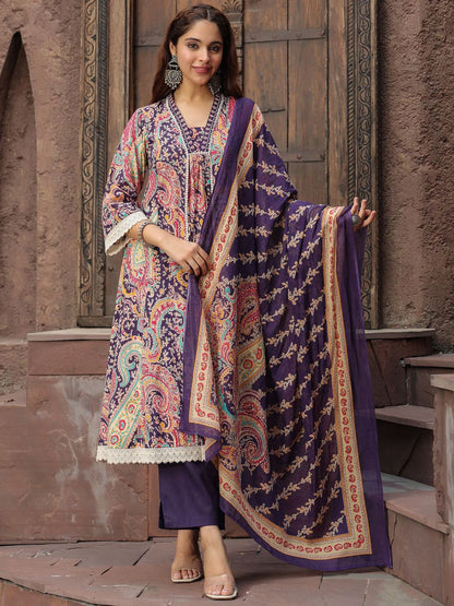 Dhiyona RR Women's Paisley Printed Thread Work Pure Cotton Kurta with Trousers & Dupatta