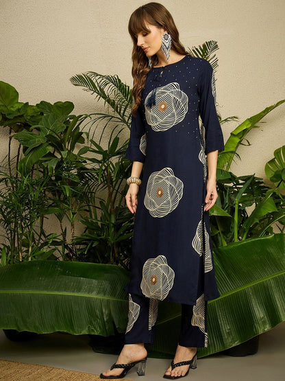 Dhiyona IE Geometric Printed Round Neck Top With Trousers Co-Ords