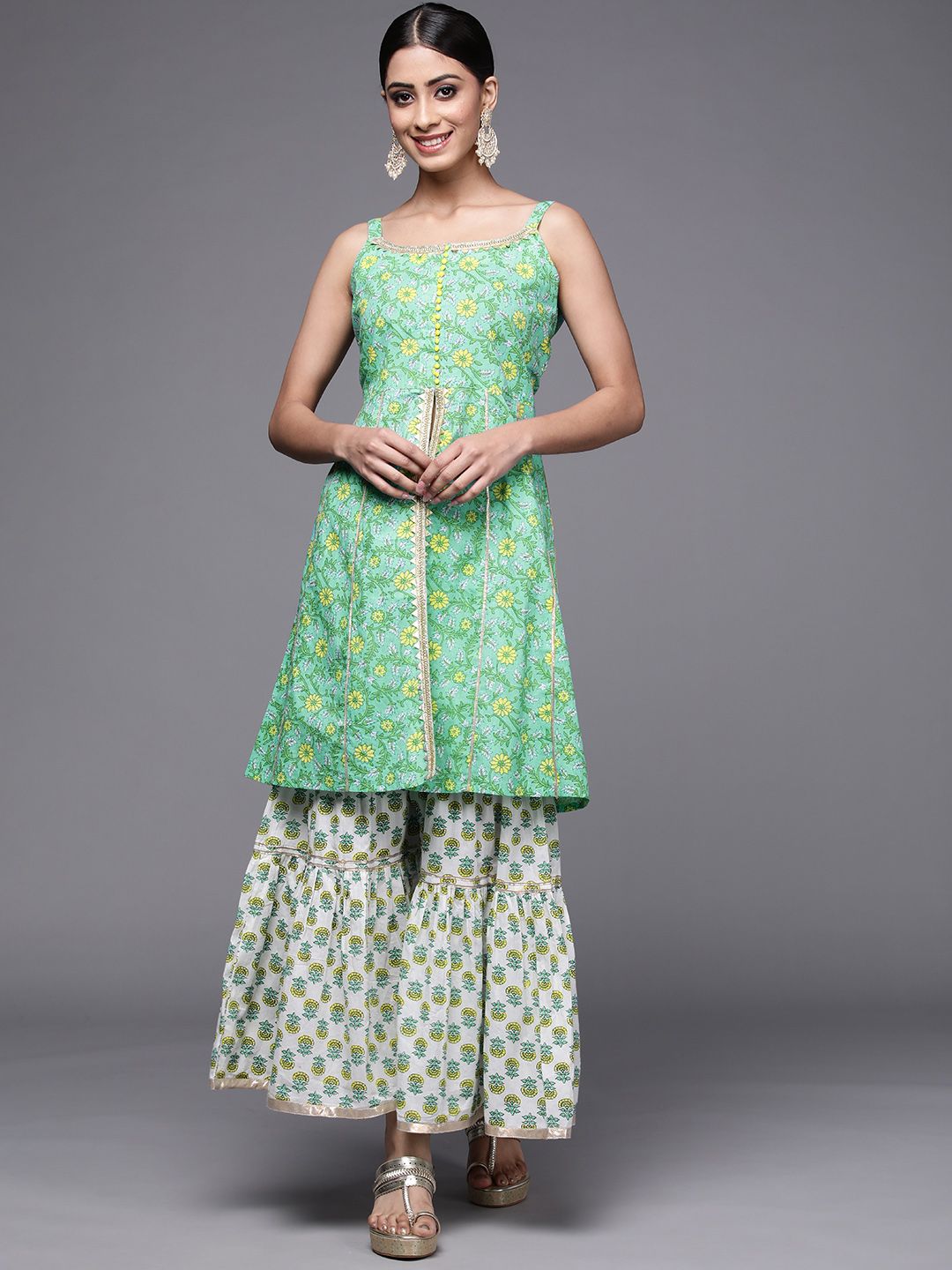 Dhiyona VA Women's Green Floral Printed Pure Cotton Kurti with Sharara