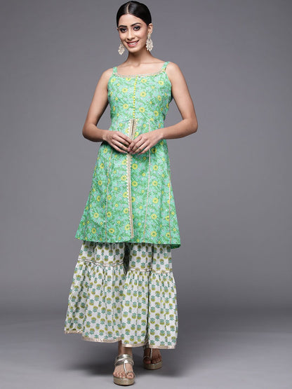Dhiyona VA Women's Green Floral Printed Pure Cotton Kurti with Sharara