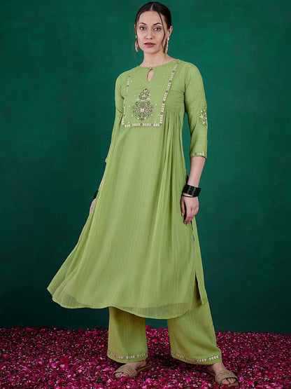Dhiyona SN Women's Green Ethnic Motifs Embroidered Regular Sequinned Kurta with Palazzos