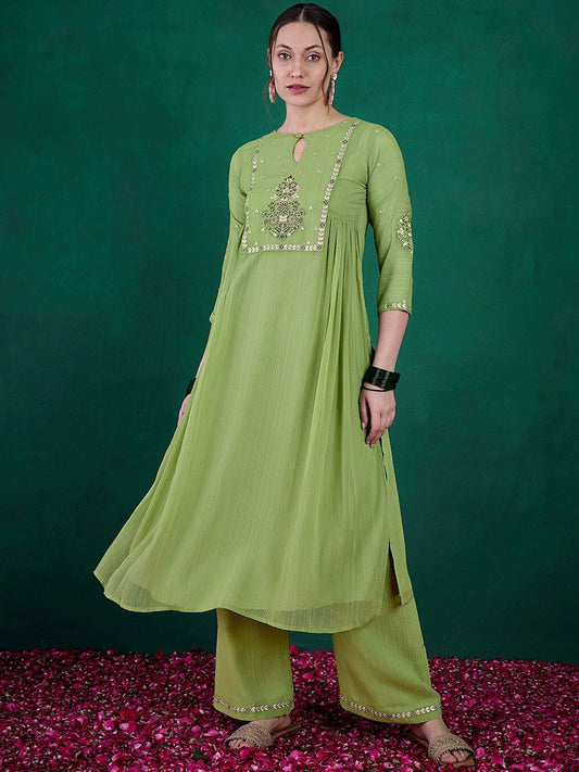 Dhiyona SN Women's Green Ethnic Motifs Embroidered Regular Sequinned Kurta with Palazzos