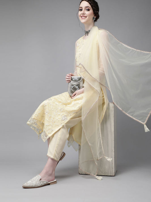 Dhiyona IE Women Yellow Ethnic Motifs Embroidered Thread Work Kurta with Trousers & Dupatta