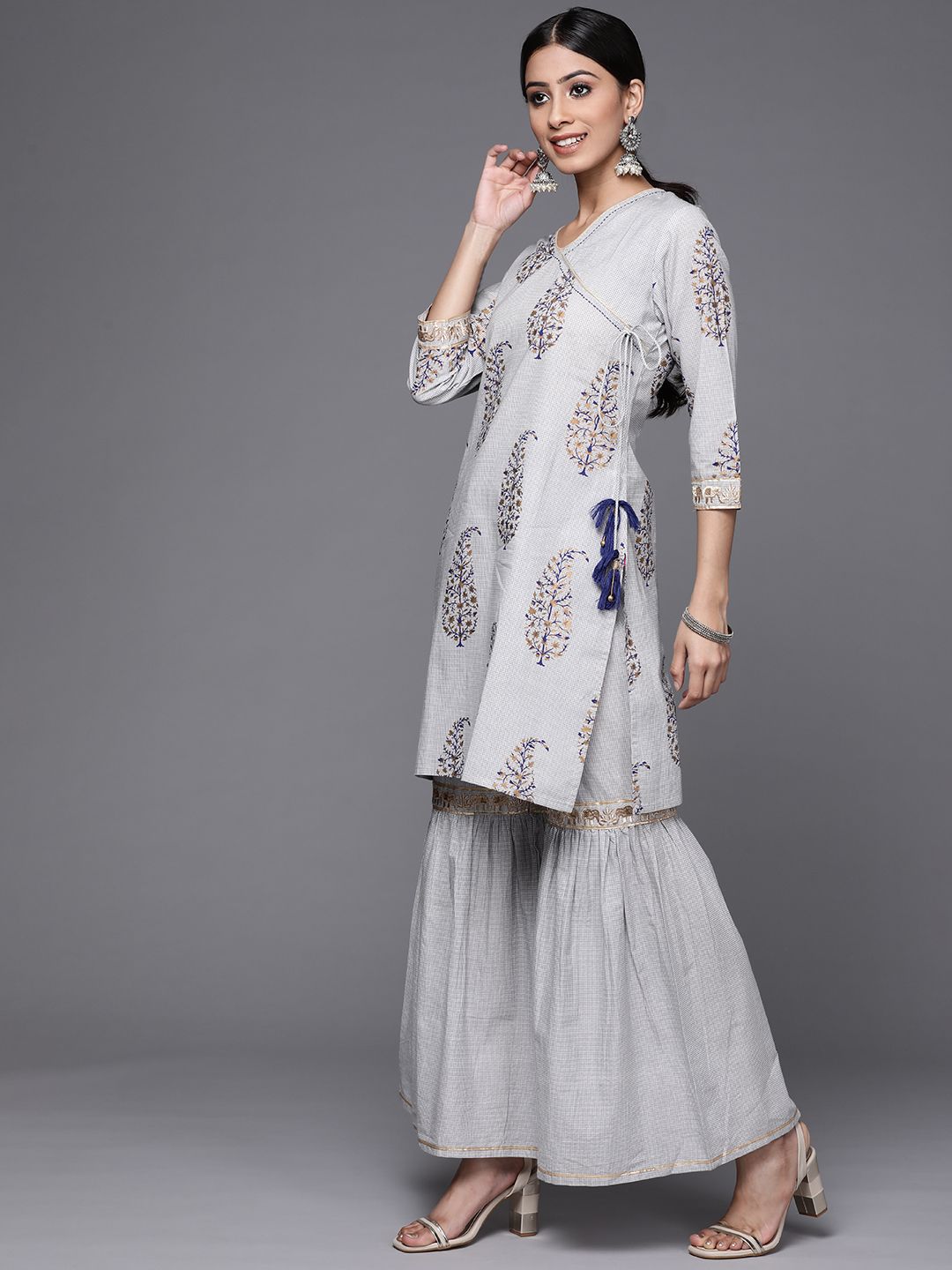 Dhiyona VA Women's Grey & Navy Ethnic Printed Angrakha Pure Cotton Kurta with Sharara & Dupatta