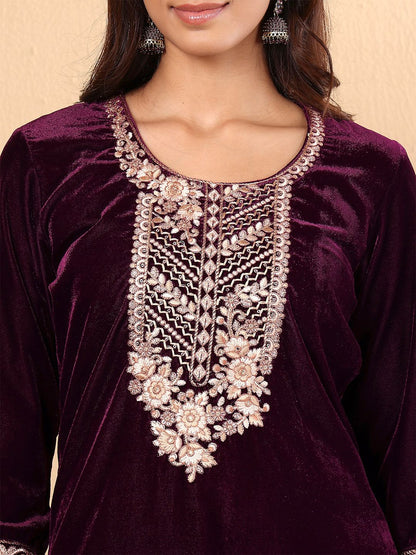 Dhiyona VA Women'sPurple Floral Yoke Design Thread Work Velvet Kurta with Trousers & Dupatta