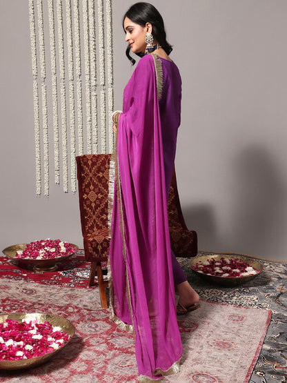 Dhiyona VA Women's Purple Ethnic Motifs Yoke Design Pure Cotton Kurta with Trousers & Dupatta