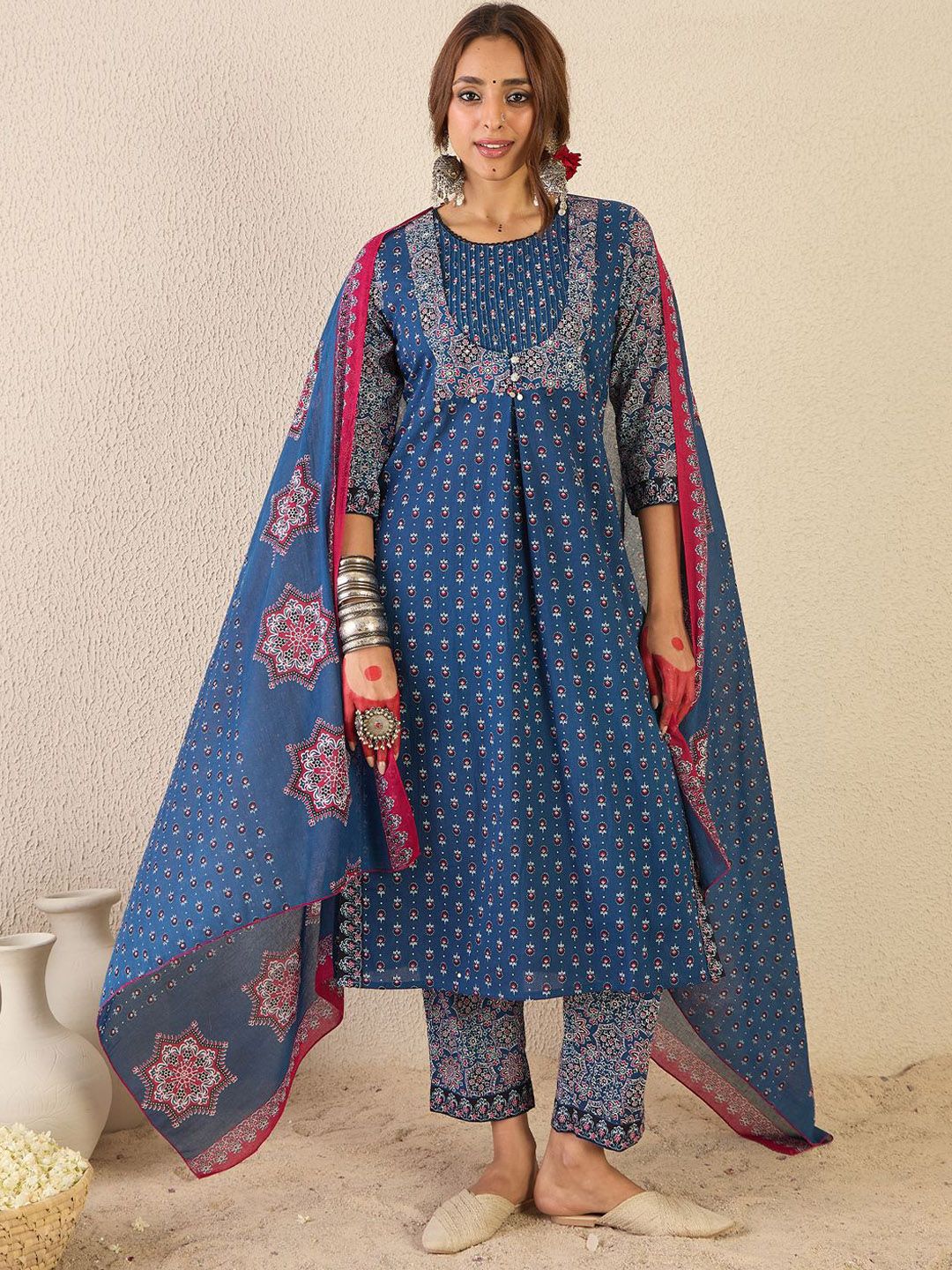 Women Ethnic Motifs Printed Regular Pure Cotton Kurta Set With Dupatta