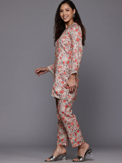 Dhiyona VA Women'sGrey Floral Printed Mandarin Collar Straight Kurta With Trousers