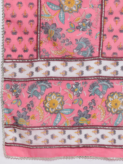 Dhiyona LB Women's Women Pink Floral Printed Panelled Pure Cotton Kurta with Palazzos & With Dupatta